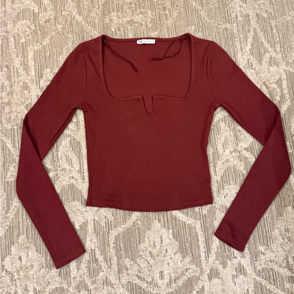 Zara Brown Burgundy Brick Cropped Ribbed Square Neck Long Sleeve Size Medium
